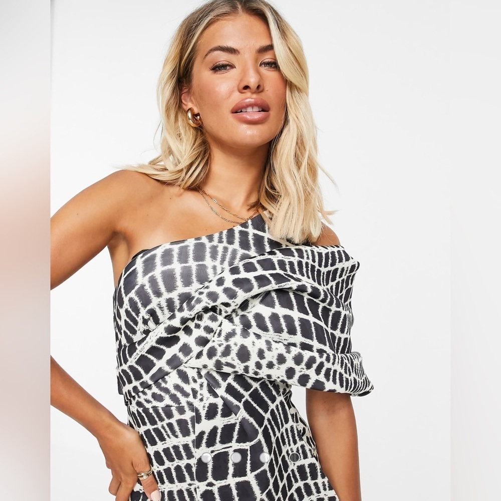 ASOS DESIGN Ribbed off-the-shoulder midi sheath dress  snake print size 2 - Picture 5 of 11